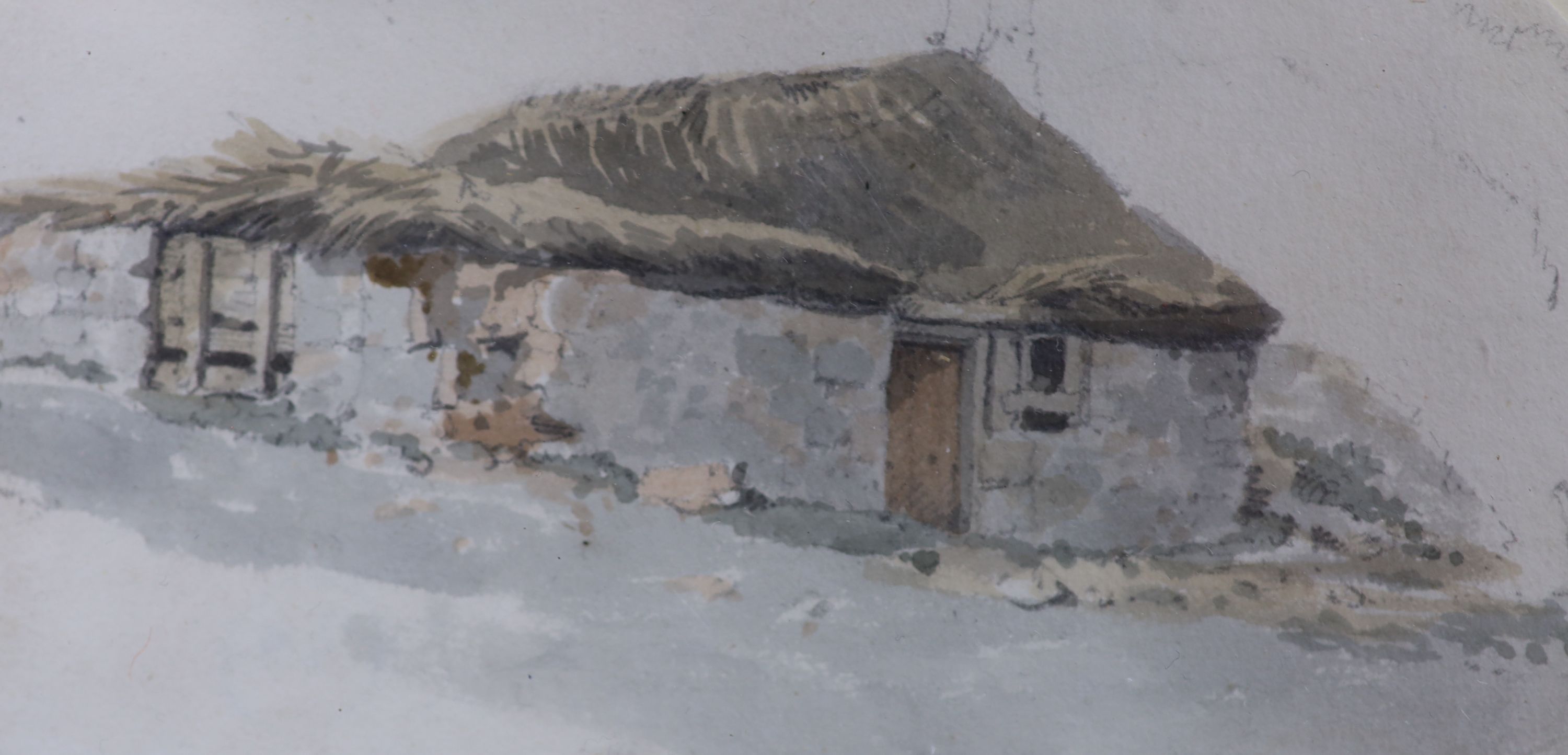 Samuel Prout (1783-1852), pencil and watercolour, Thatched stone cottage, Abbott & Holder label verso, 7 x 13cm